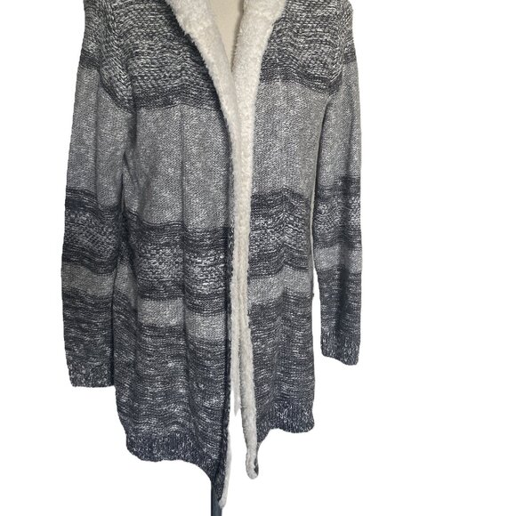 NWT LETY & ME Gray Striped Dockerie Sherpa Lined Hooded Cardigan sz L - Picture 2 of 8